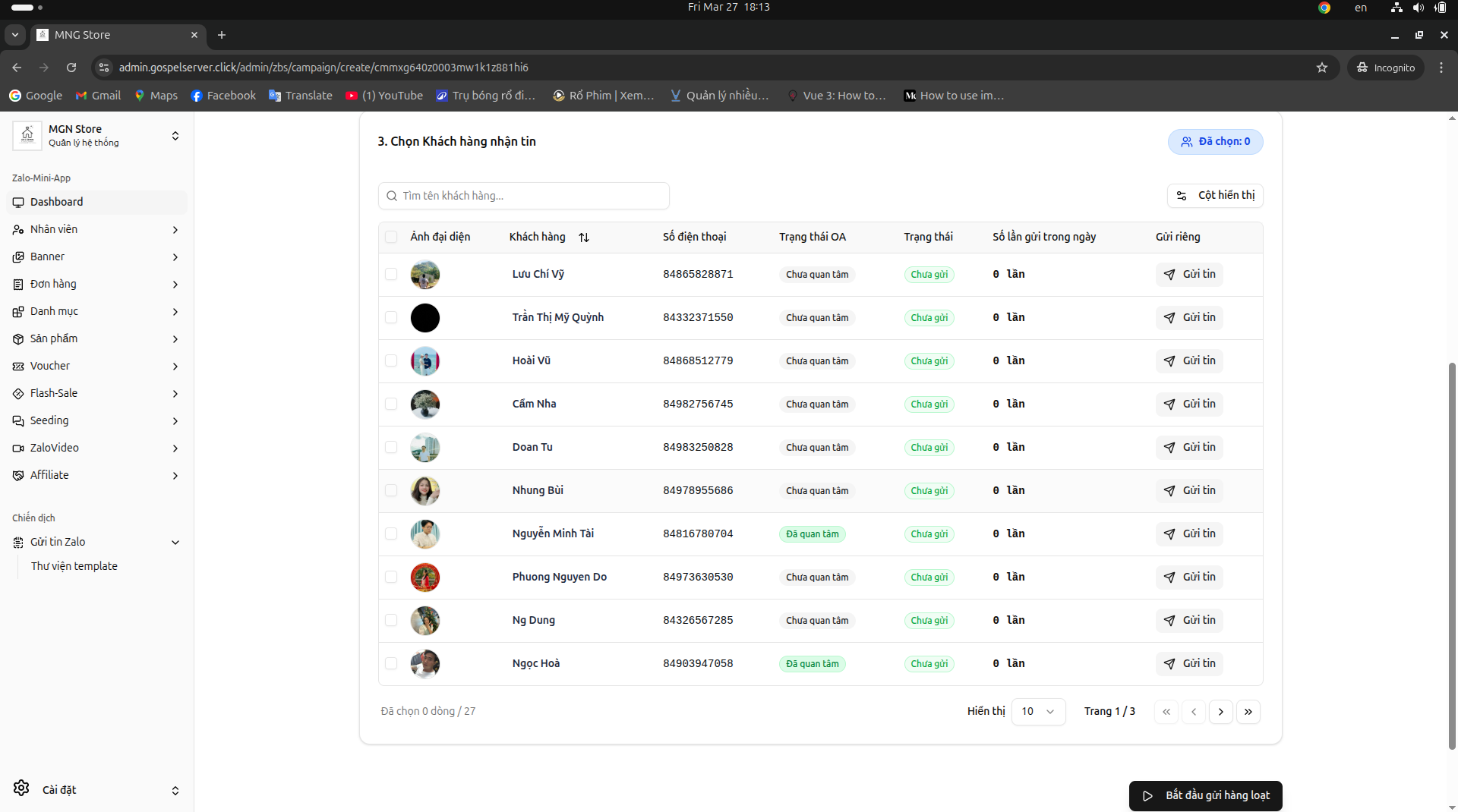 Giao diện quản lý khách hàng