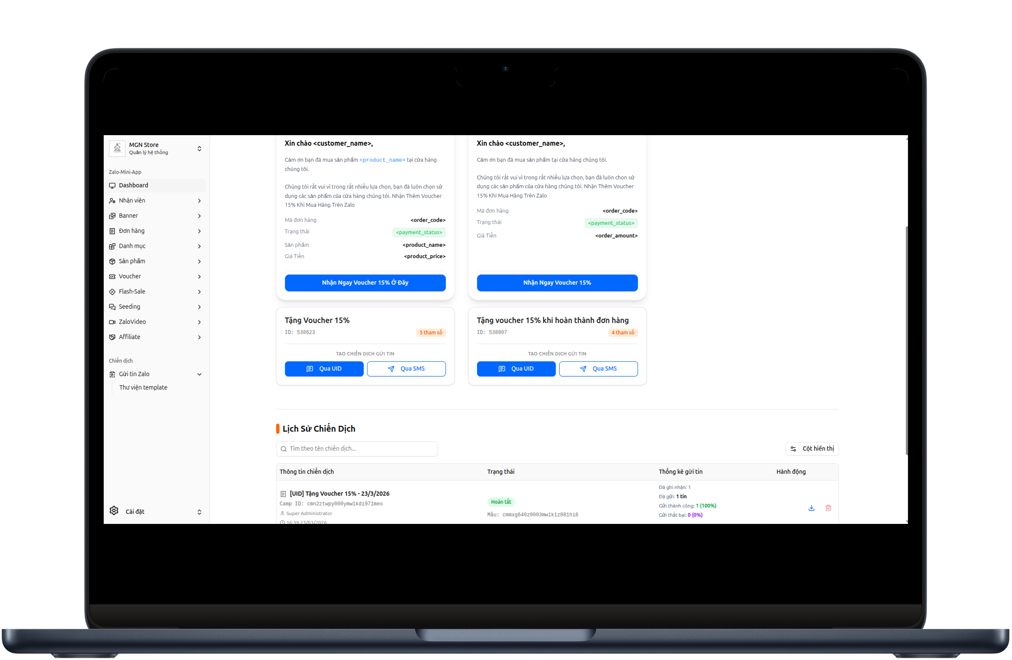 Dashboard tin nhắn Zalo Template